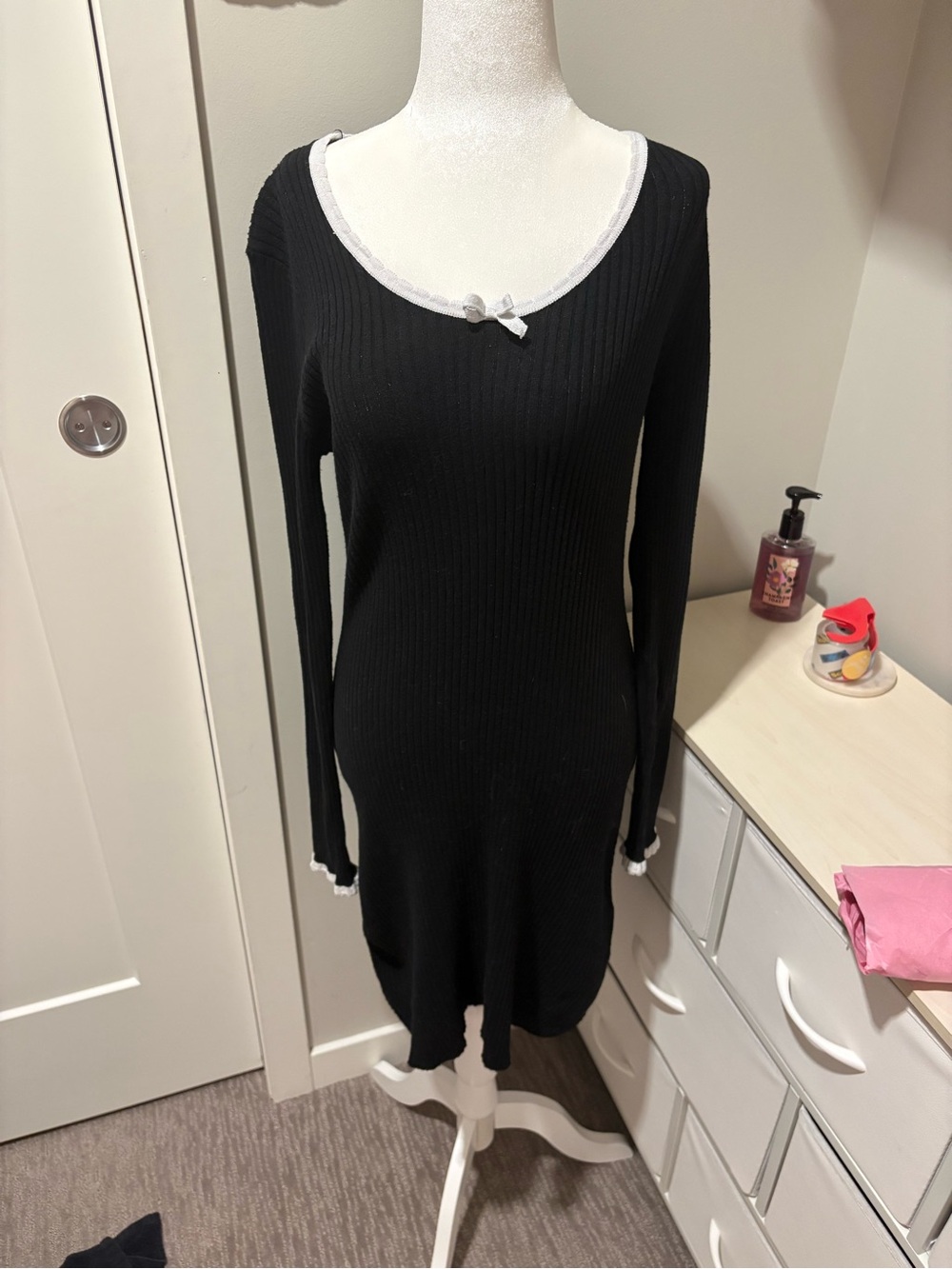 Black Ribbed Long Sleeve Sweater Dress with Contrast Trim